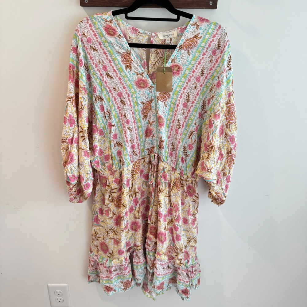 NWT Umgee Floral Boho Mini Dress Pink Teal V-Neck 3/4 Sleeve WA6319‎ Womens 2XL